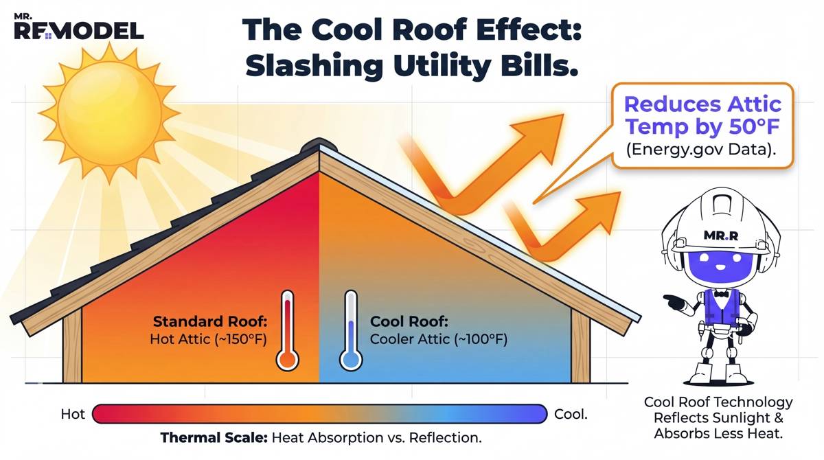 A technical infographic illustrating the ROI of a "Cool Roof" system, which can reduce attic temperatures by 50 degrees and lower summer cooling costs.